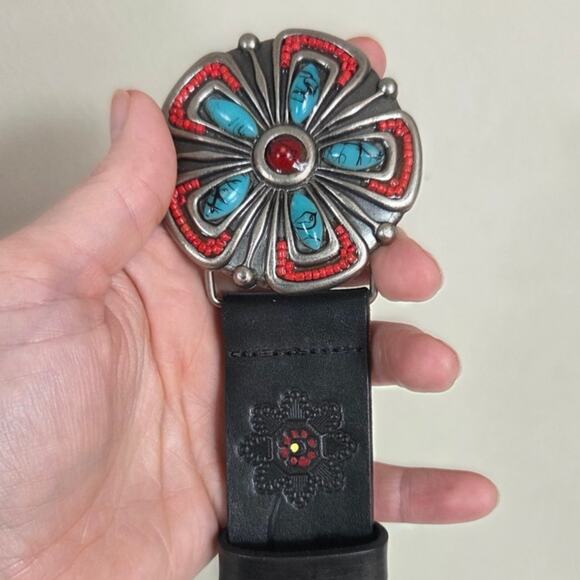 Southwestern Black Floral Embossed Leather Turquoise & Red Concho Buckle small main image 7